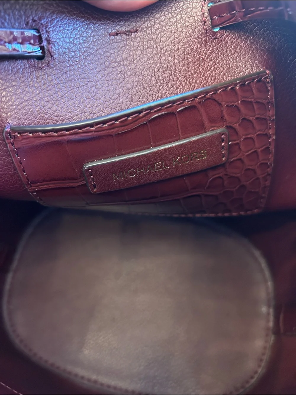 Michael Kors Croc-Trim Wine Leather Drawstring Crossbody
